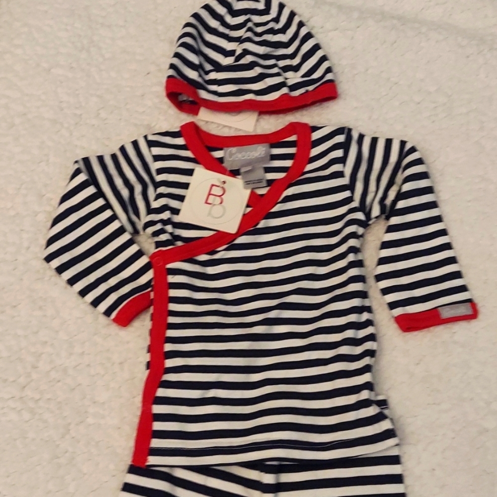 Coccoli 3 pc blue & white pants set with hat red trim